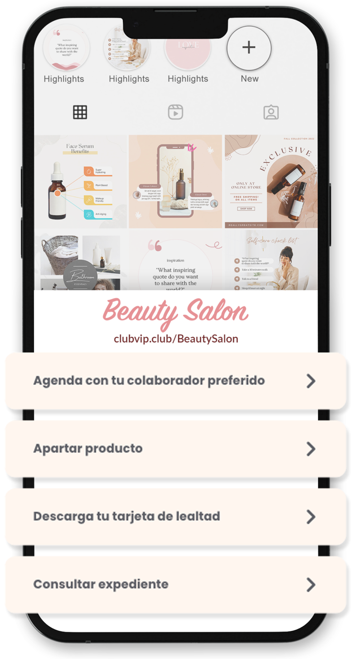 Tu link de Club VIP en Instagram: agenda con tu colaborador preferido, aparta producto, descarga tu tarjeta de lealtad y consulta tu expediente